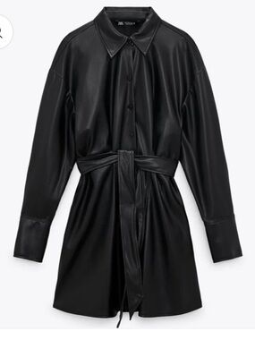 Zara Black Faux Leather Shirt Jacket with Waist Tie